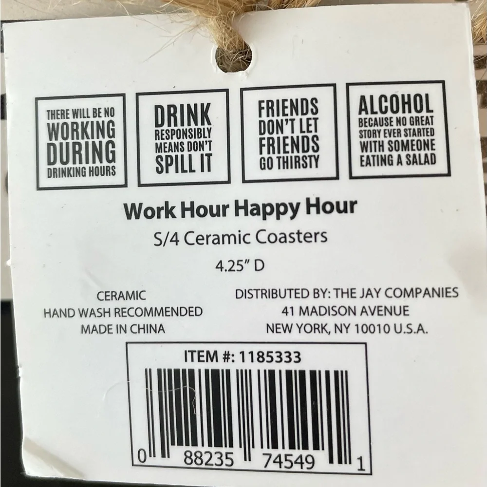 American Atelier Work Hour Happy Hour S/4 Ceramic Coasters NWT